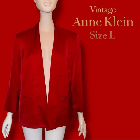 Vintage 90s Anne Klein Titan Red Satin Open Front Blazer - Size Large - Picture 1 of 16